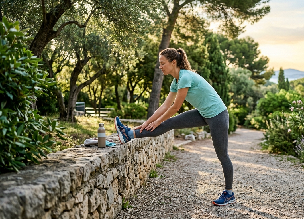 Corridore che fa stretching in un parco al mattino