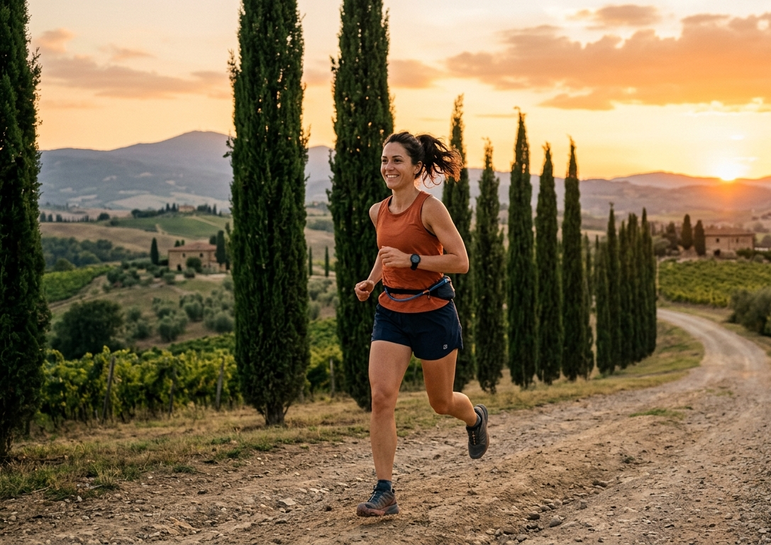Corridore al tramonto su un sentiero italiano